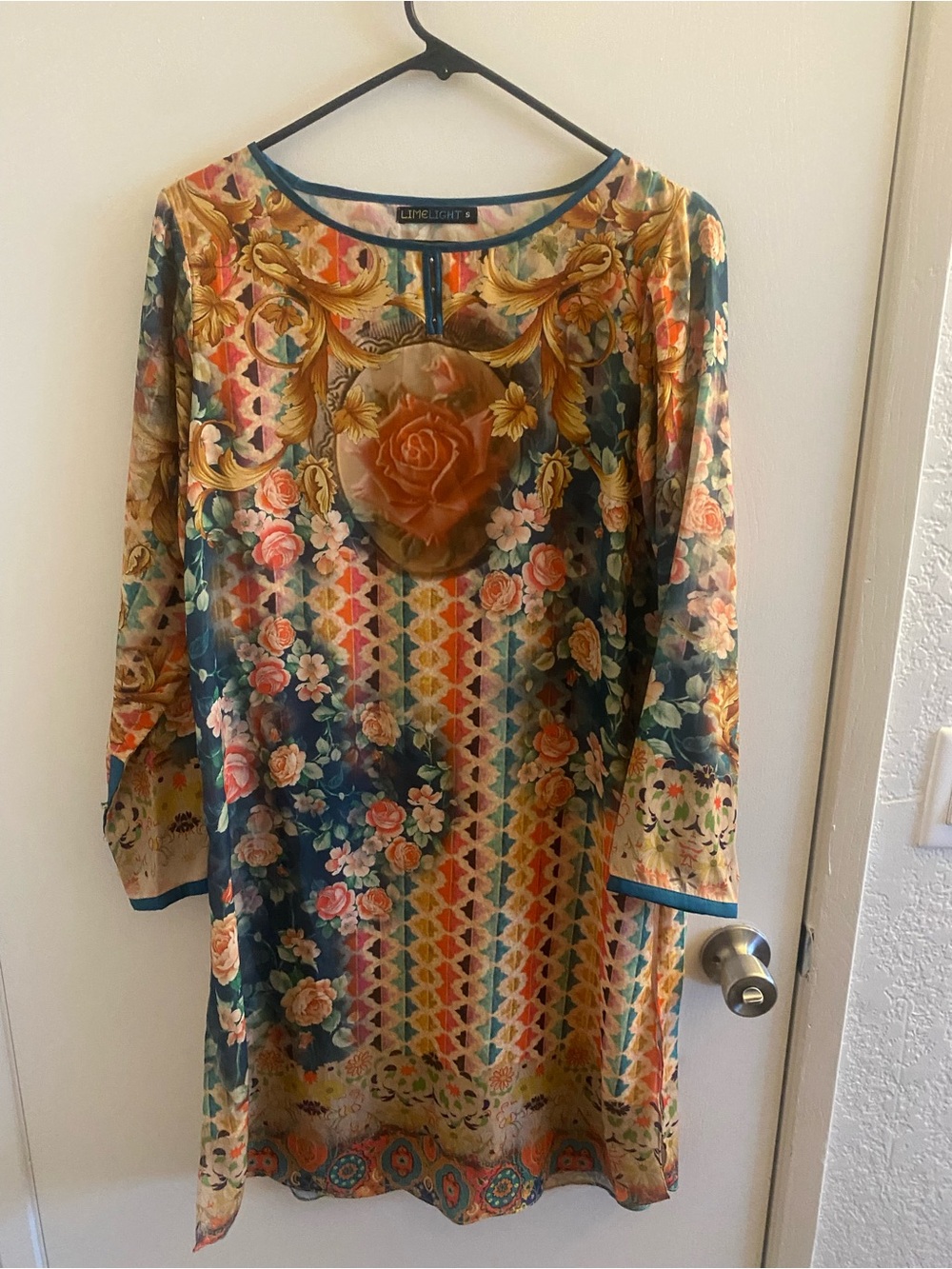 Limelight Long Sleeve Floral-Print Dress in Navy, Gold, Coral